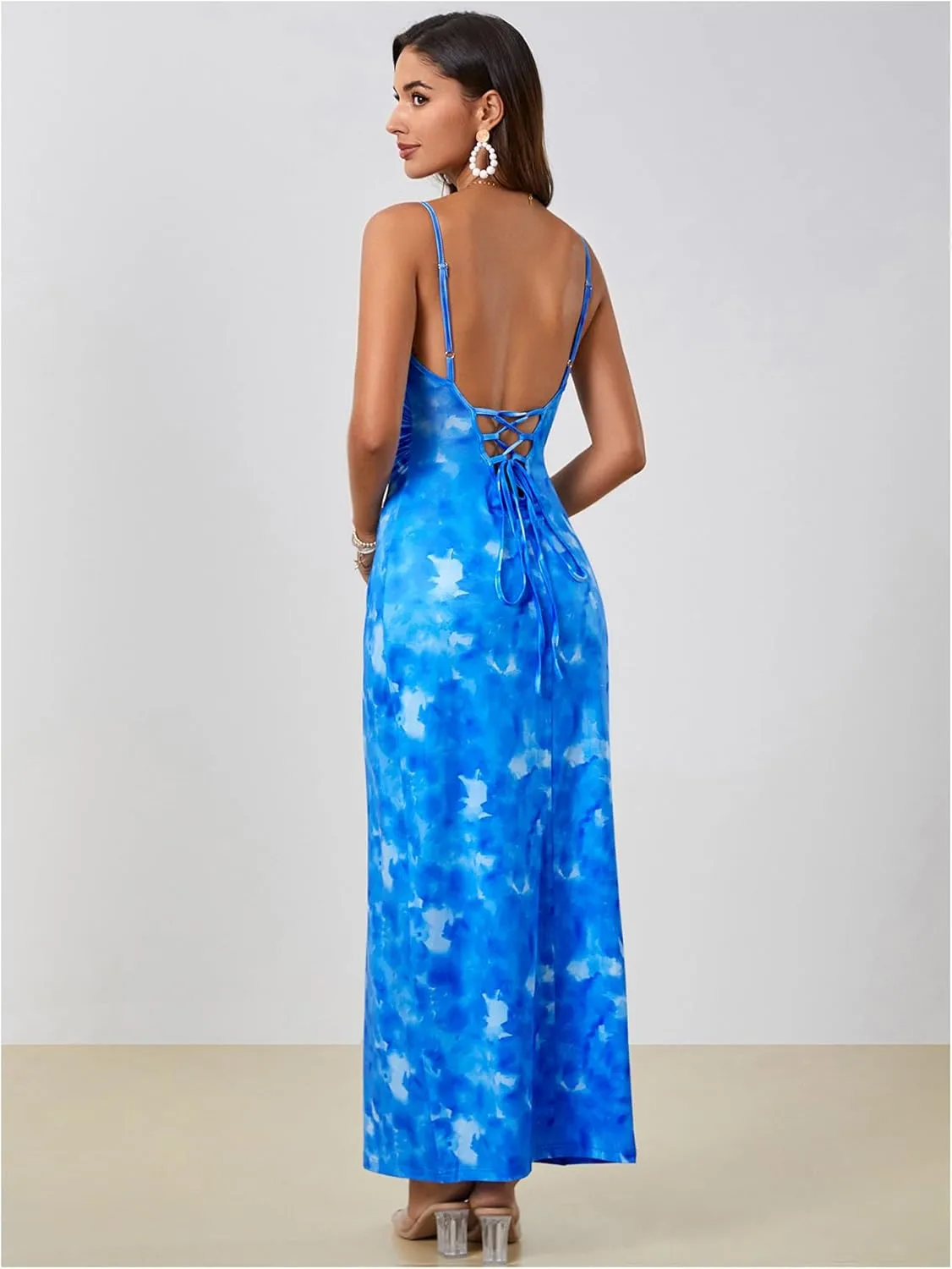Milumia Women's Floral Lace Up Backless Cami Dress Spaghetti Strap Bodycon Maxi Dresses