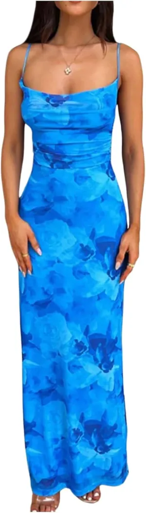 Milumia Women's Floral Lace Up Backless Cami Dress Spaghetti Strap Bodycon Maxi Dresses
