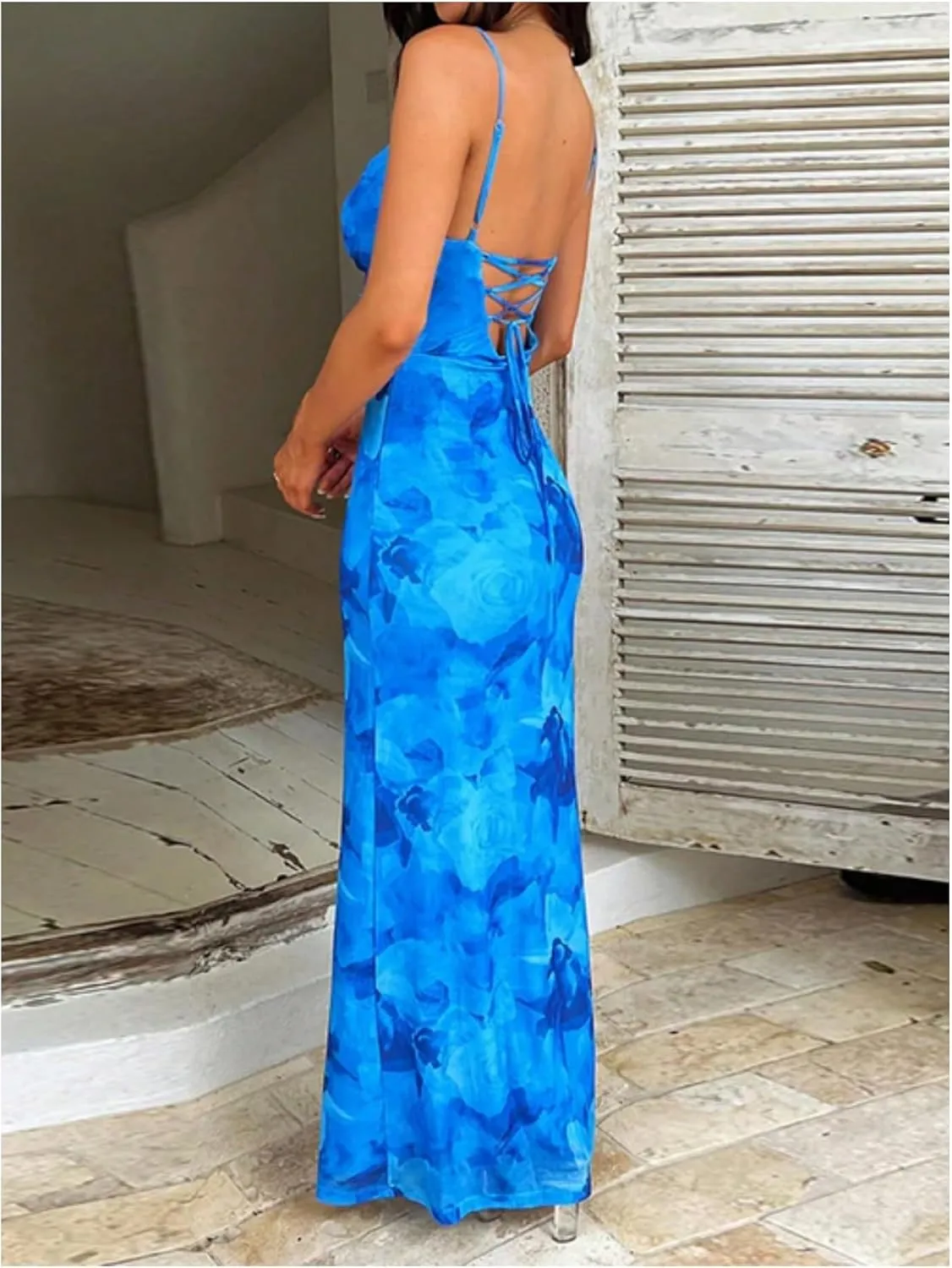 Milumia Women's Floral Lace Up Backless Cami Dress Spaghetti Strap Bodycon Maxi Dresses
