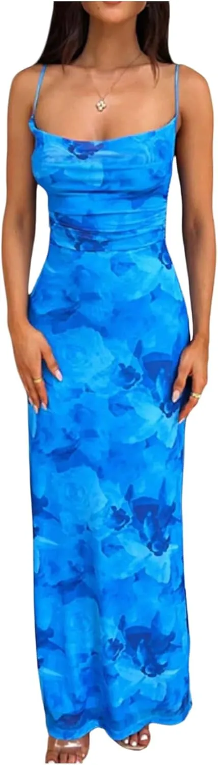 Milumia Women's Floral Lace Up Backless Cami Dress Spaghetti Strap Bodycon Maxi Dresses