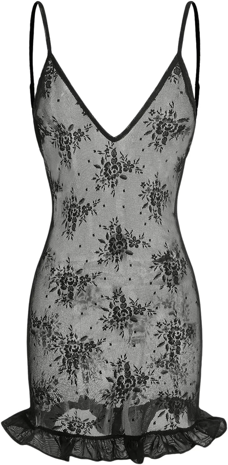 Milumia Women's Floral Lace V Neck Spaghetti Straps Dress Backless Ruffle Hem Mini Dresses