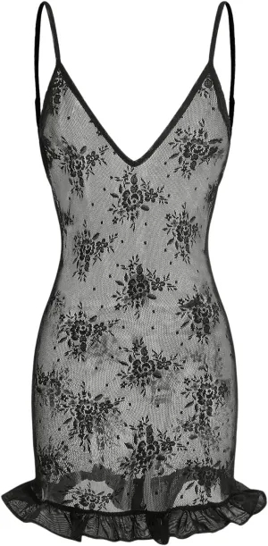 Milumia Women's Floral Lace V Neck Spaghetti Straps Dress Backless Ruffle Hem Mini Dresses