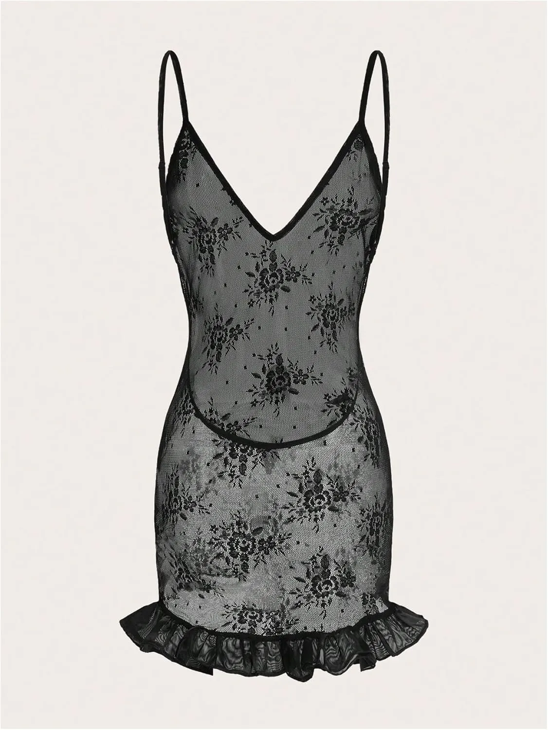 Milumia Women's Floral Lace V Neck Spaghetti Straps Dress Backless Ruffle Hem Mini Dresses