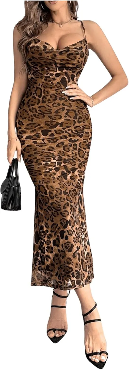 Milumia Women's Leopard Print Cowl Neck Maxi Dress Sexy Backless Lace Up Long Dress