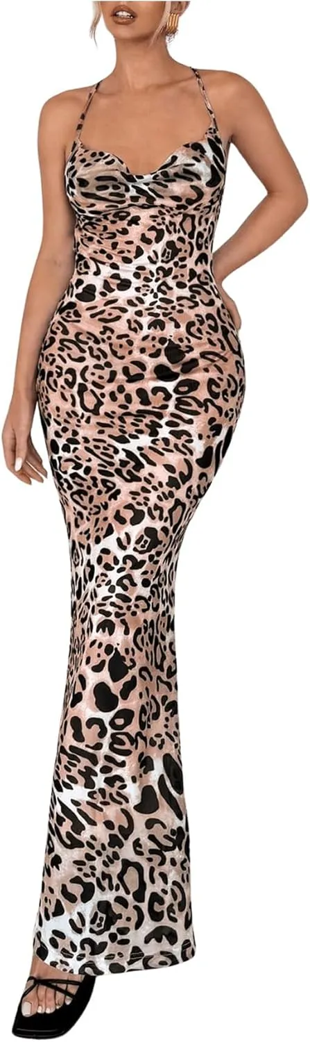 Milumia Women's Leopard Print Cowl Neck Maxi Dress Sexy Backless Lace Up Long Dress
