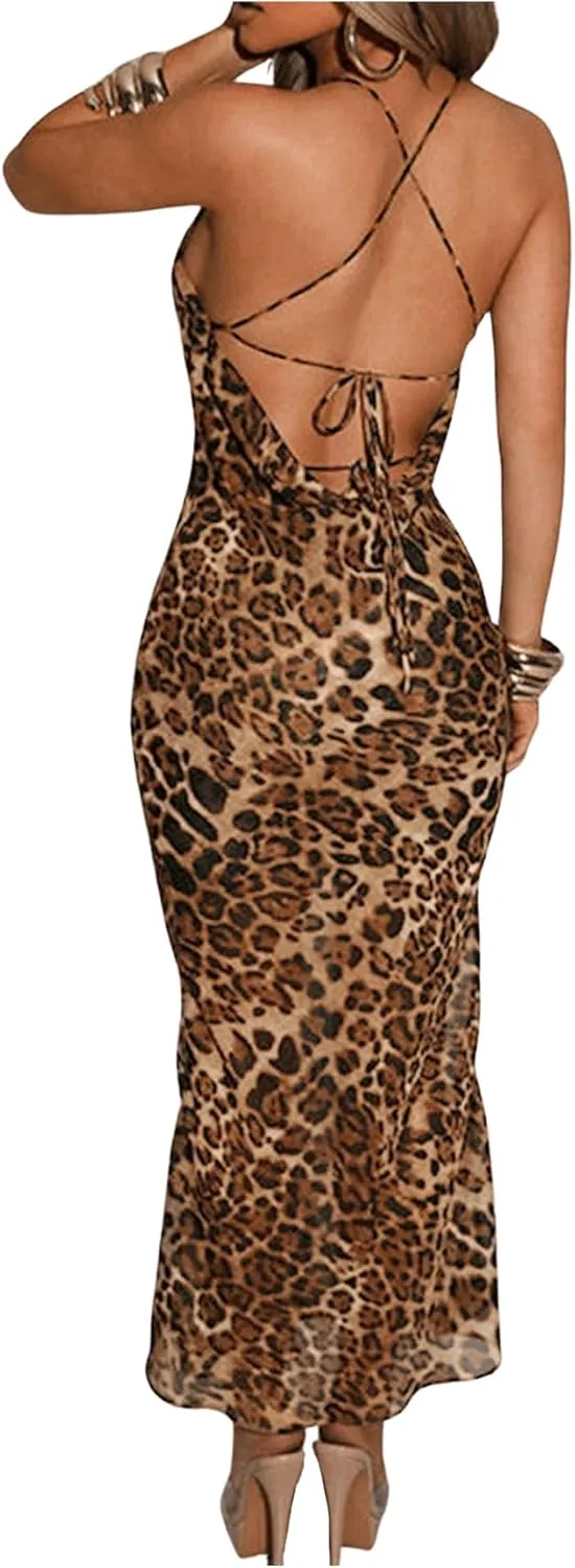 Milumia Women's Leopard Print Cowl Neck Maxi Dress Sexy Backless Lace Up Long Dress