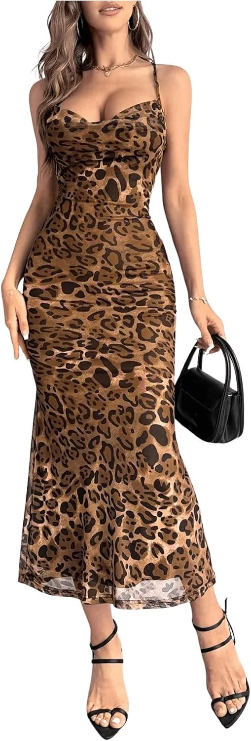 Milumia Women's Leopard Print Cowl Neck Maxi Dress Sexy Backless Lace Up Long Dress