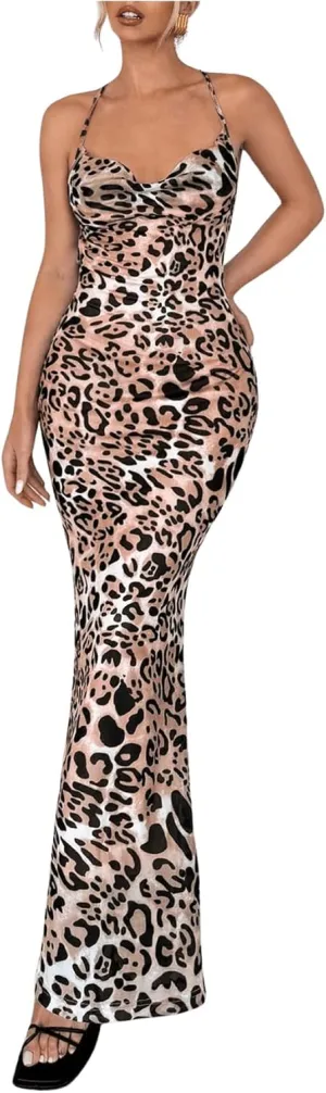 Milumia Women's Leopard Print Cowl Neck Maxi Dress Sexy Backless Lace Up Long Dress