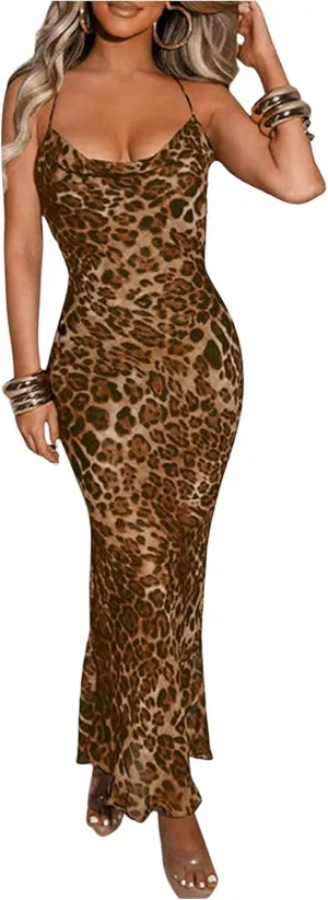 Milumia Women's Leopard Print Cowl Neck Maxi Dress Sexy Backless Lace Up Long Dress