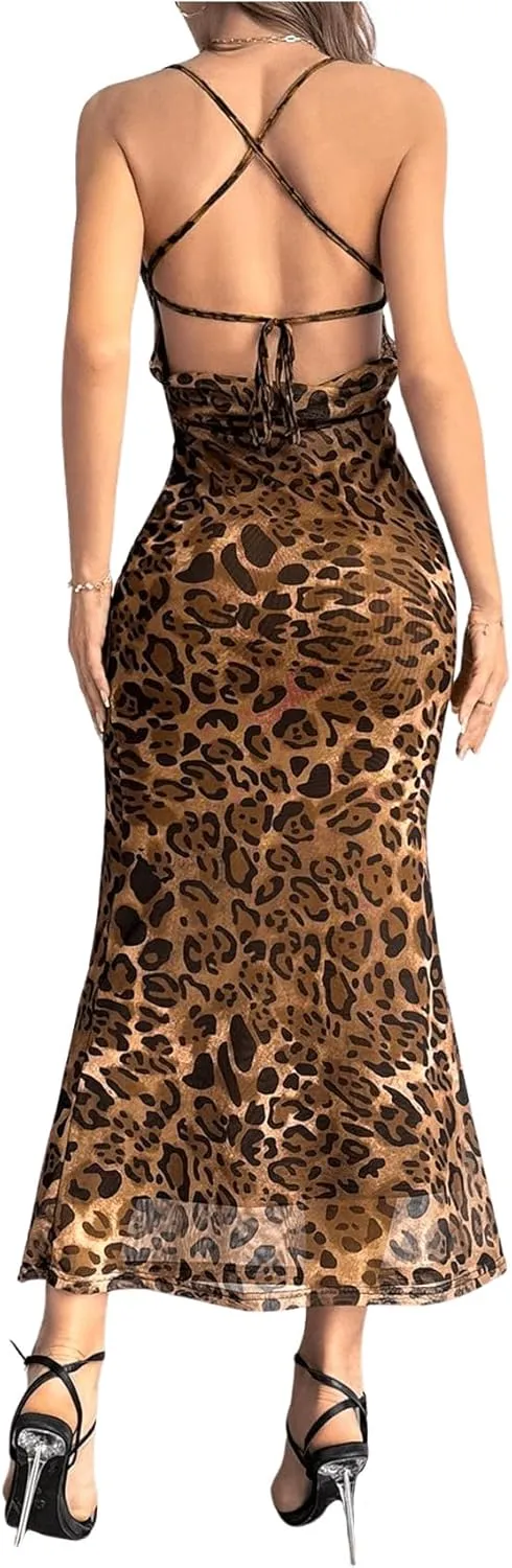 Milumia Women's Leopard Print Cowl Neck Maxi Dress Sexy Backless Lace Up Long Dress
