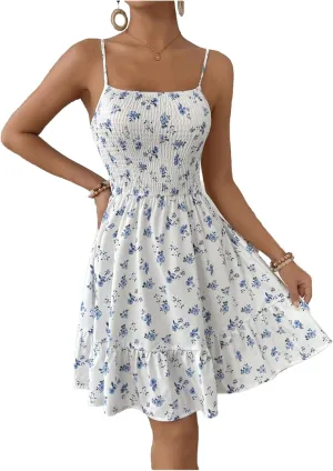 Milumia Women's Summer Floral Mini Dress Smocked Ruffle Spaghetti Strap Flowy Boho Cami Dress