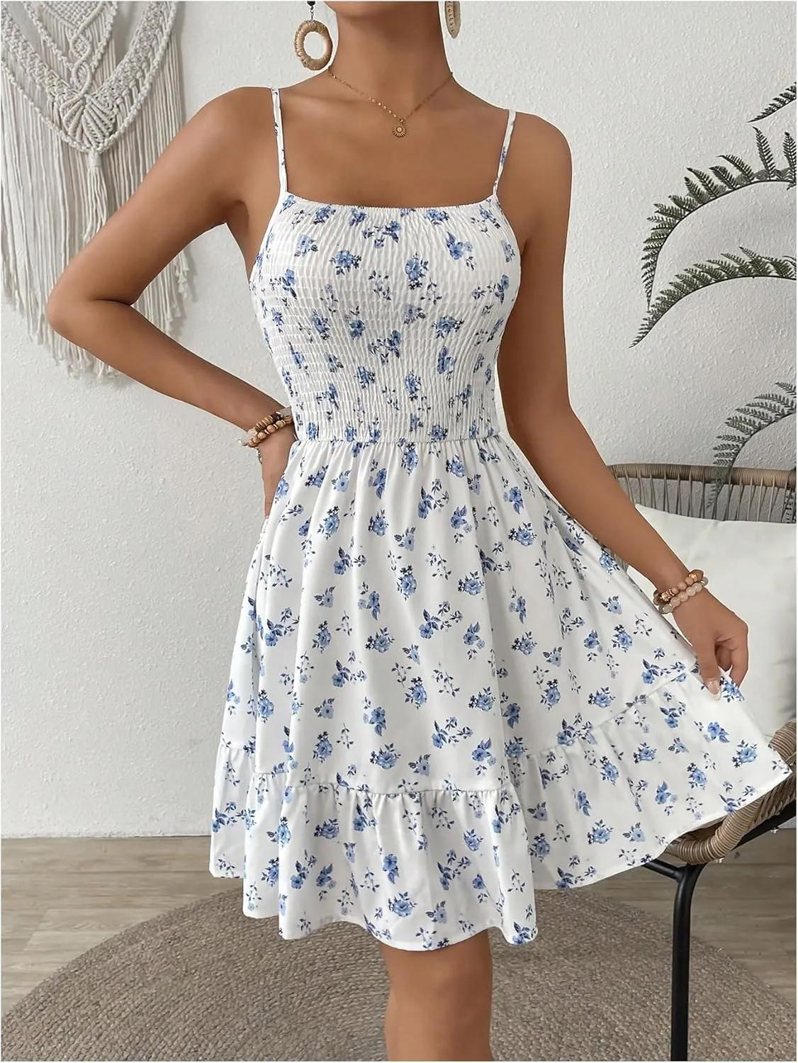 Milumia Women's Summer Floral Mini Dress Smocked Ruffle Spaghetti Strap Flowy Boho Cami Dress