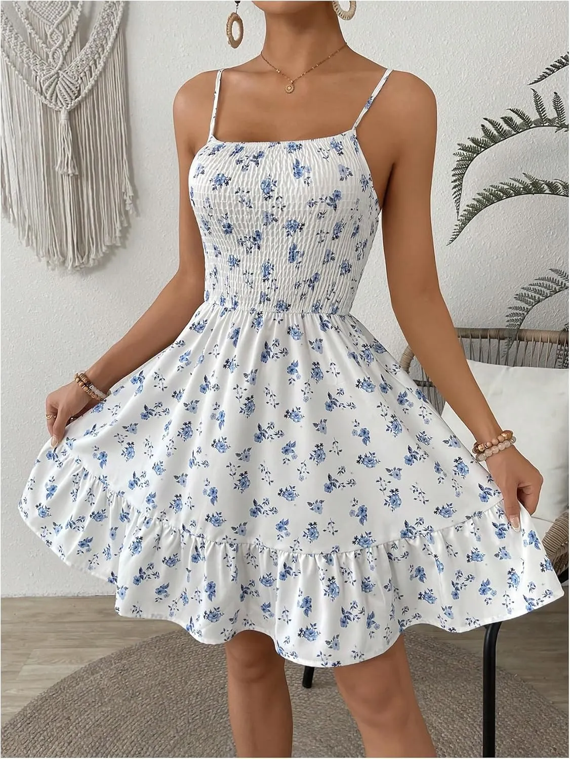 Milumia Women's Summer Floral Mini Dress Smocked Ruffle Spaghetti Strap Flowy Boho Cami Dress