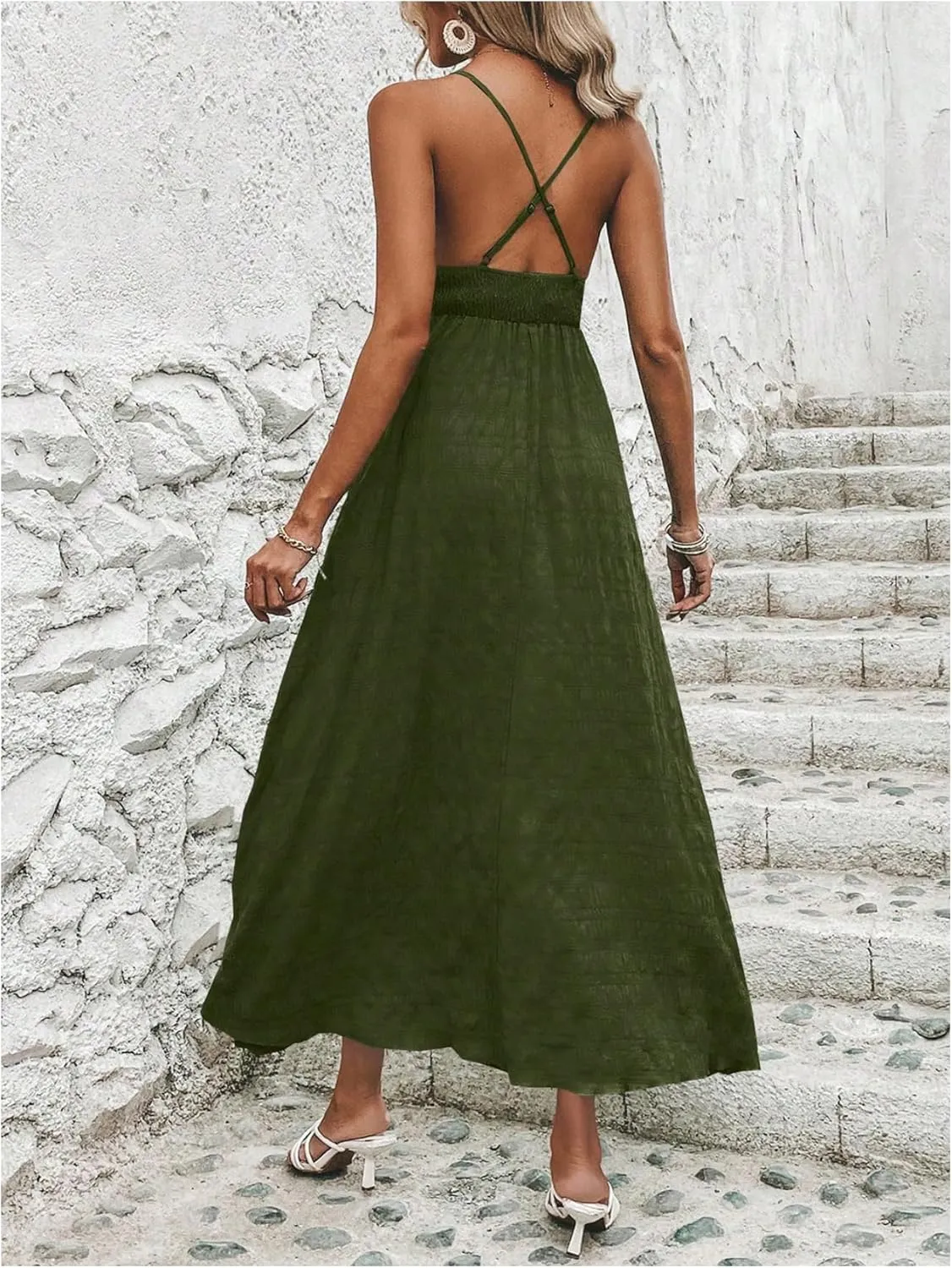 Milumia Women's Summer Smocked Cami Maxi Dress Boho V Neck Spaghetti Strap A Line Flowy Beach Long Sundress