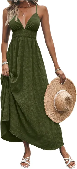 Milumia Women's Summer Smocked Cami Maxi Dress Boho V Neck Spaghetti Strap A Line Flowy Beach Long Sundress