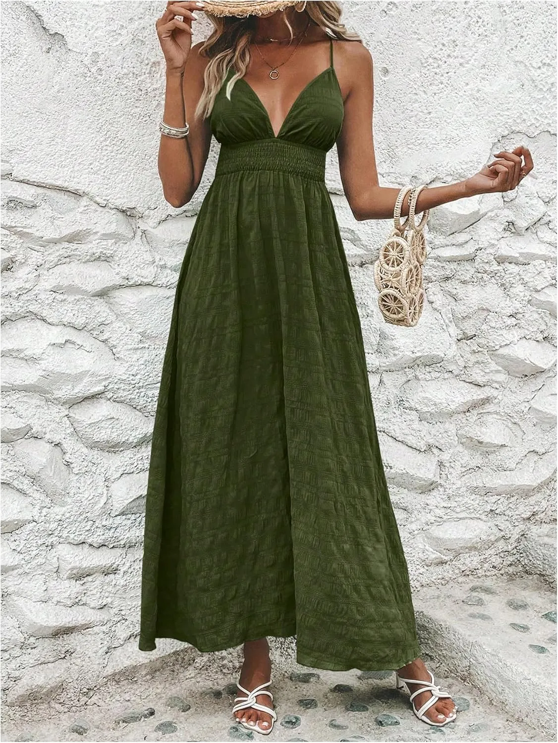 Milumia Women's Summer Smocked Cami Maxi Dress Boho V Neck Spaghetti Strap A Line Flowy Beach Long Sundress