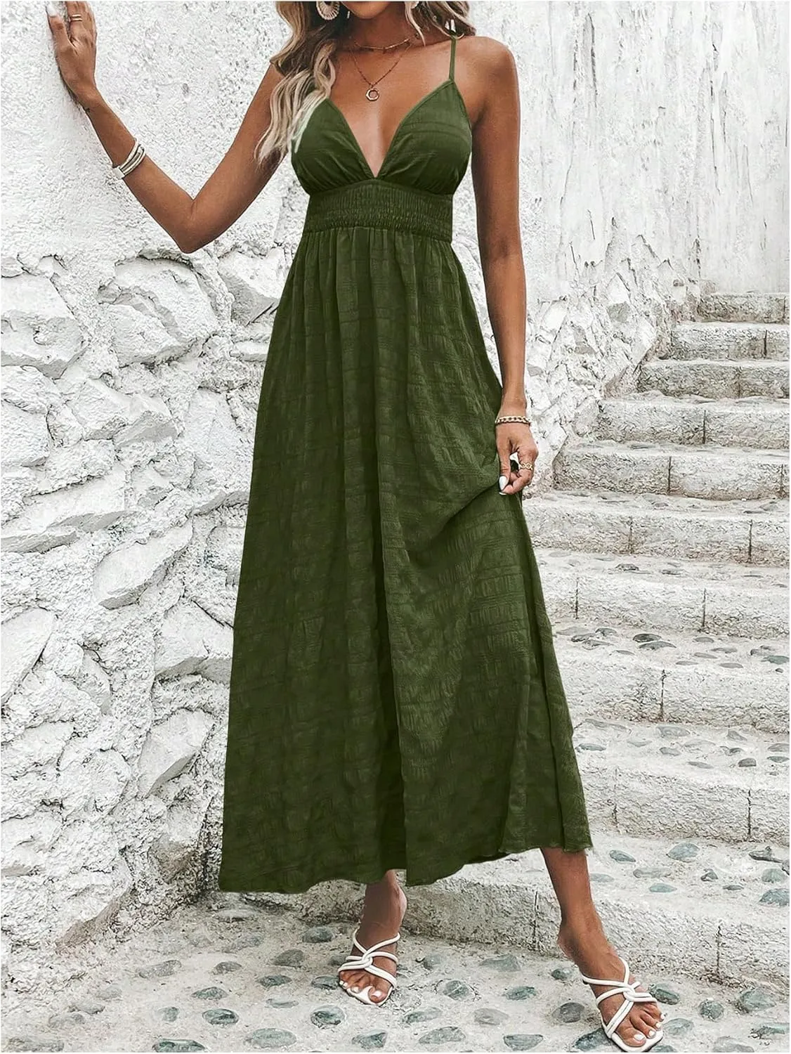 Milumia Women's Summer Smocked Cami Maxi Dress Boho V Neck Spaghetti Strap A Line Flowy Beach Long Sundress