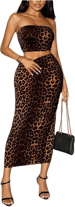 Milumia Women's Two Piece Set Leopard Print Strapless Crop Tube Top and Maxi Skirt