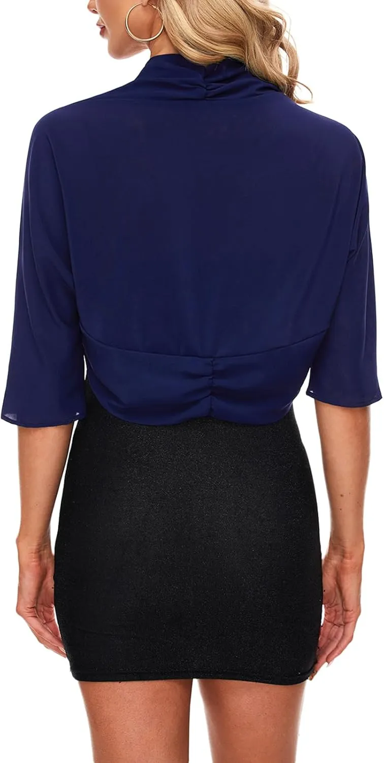 MINTLIMIT Women's Chiffon Batwing 3/4 Sleeve Open Front Shrug Bolero Cardigan Elegant Cropped Cardigans for Evening Dress