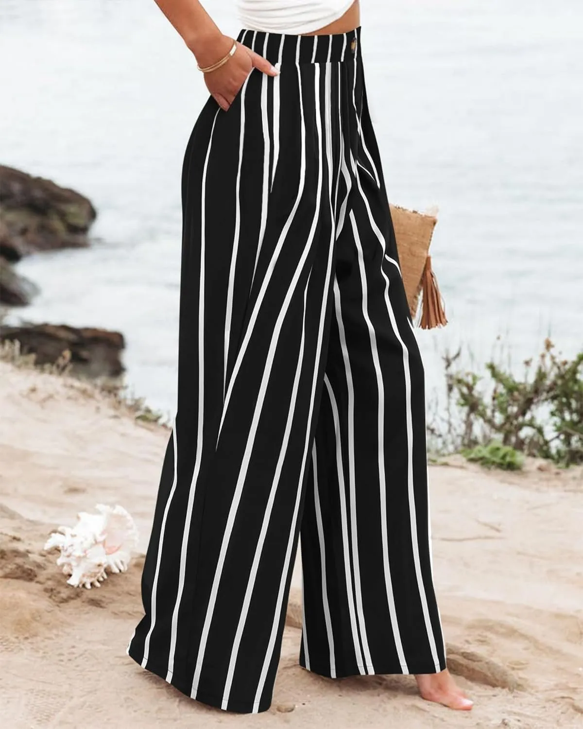 Mmoneyake Wide Leg Pants for Women High Waist Long Palazzo Pants Button Down Loose Business Work Office Trousers with Pockets