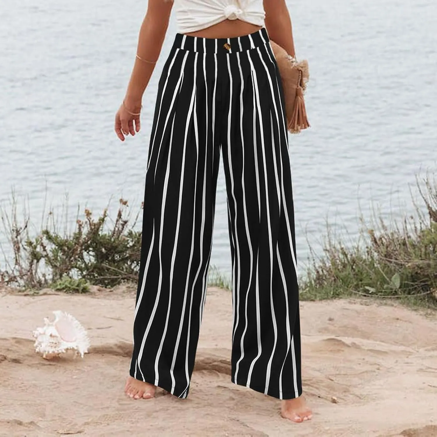 Mmoneyake Wide Leg Pants for Women High Waist Long Palazzo Pants Button Down Loose Business Work Office Trousers with Pockets