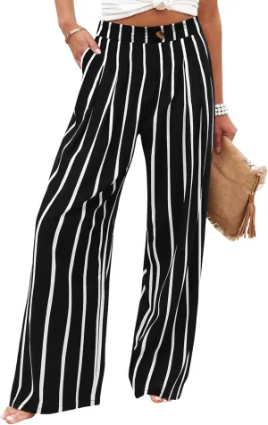 Mmoneyake Wide Leg Pants for Women High Waist Long Palazzo Pants Button Down Loose Business Work Office Trousers with Pockets