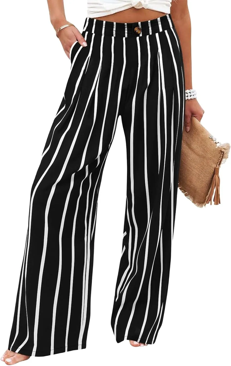 Mmoneyake Wide Leg Pants for Women High Waist Long Palazzo Pants Button Down Loose Business Work Office Trousers with Pockets