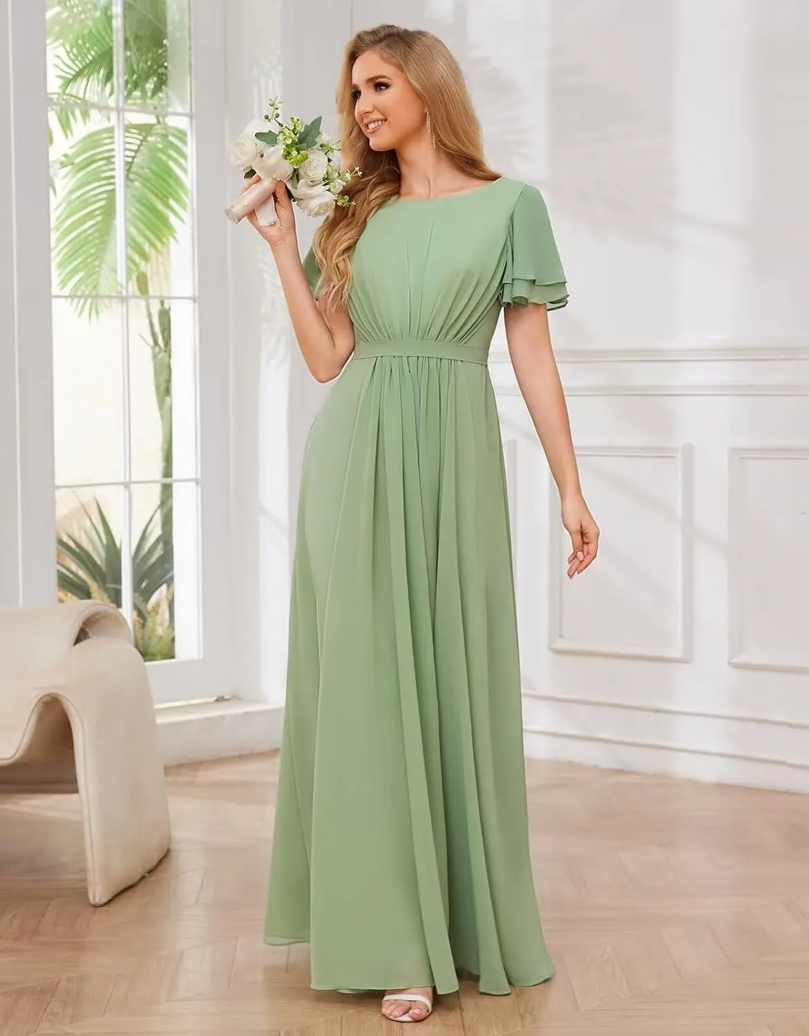 Modest Chiffon Bridesmaid Dresses for Women with Sleeves Long Formal Evening Gowns