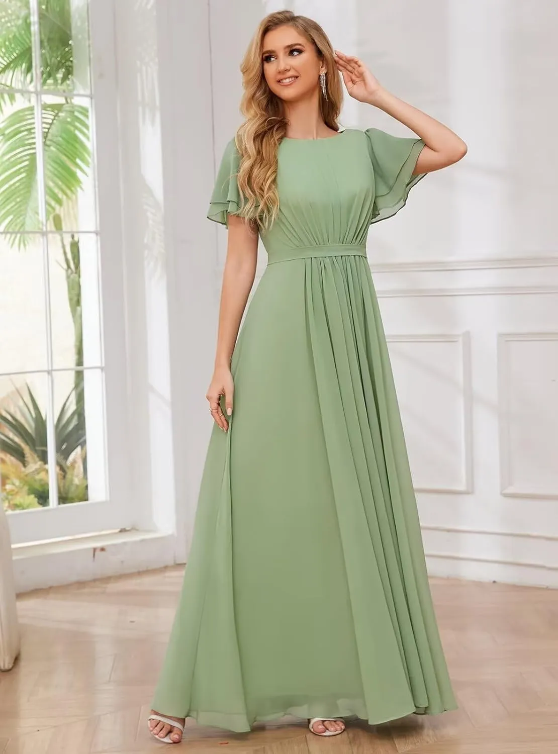 Modest Chiffon Bridesmaid Dresses for Women with Sleeves Long Formal Evening Gowns
