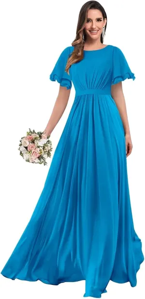 Modest Chiffon Bridesmaid Dresses for Women with Sleeves Long Formal Evening Gowns
