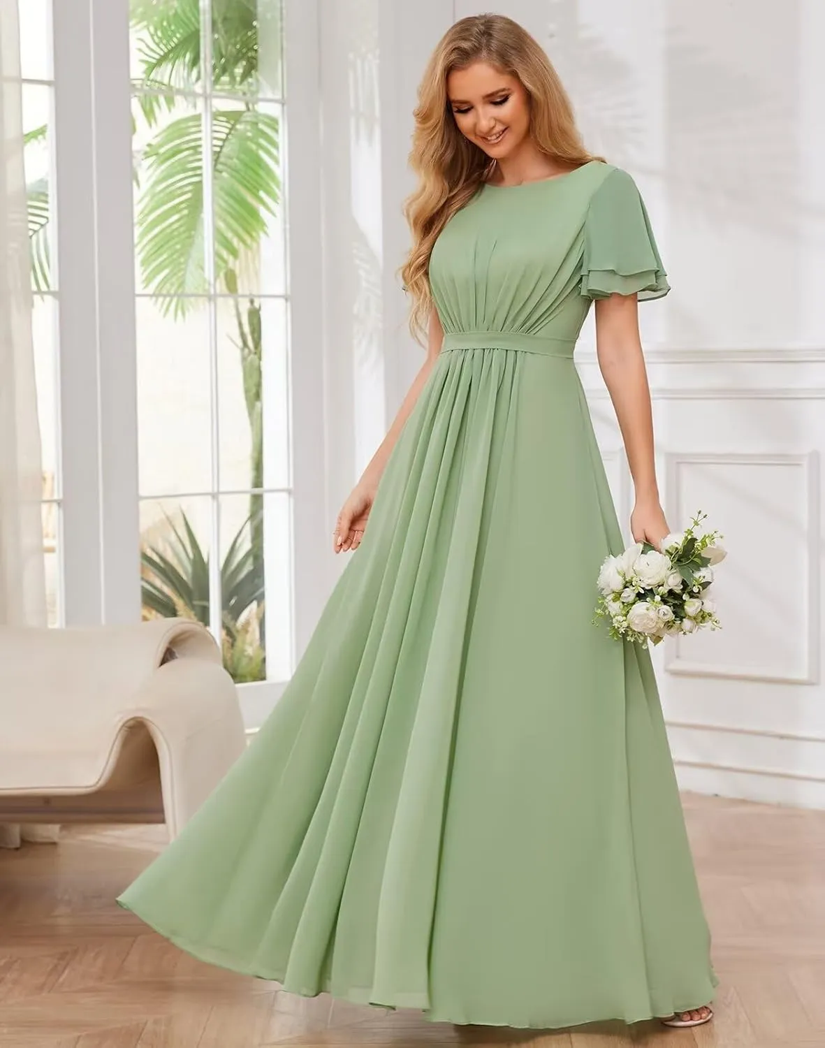 Modest Chiffon Bridesmaid Dresses for Women with Sleeves Long Formal Evening Gowns