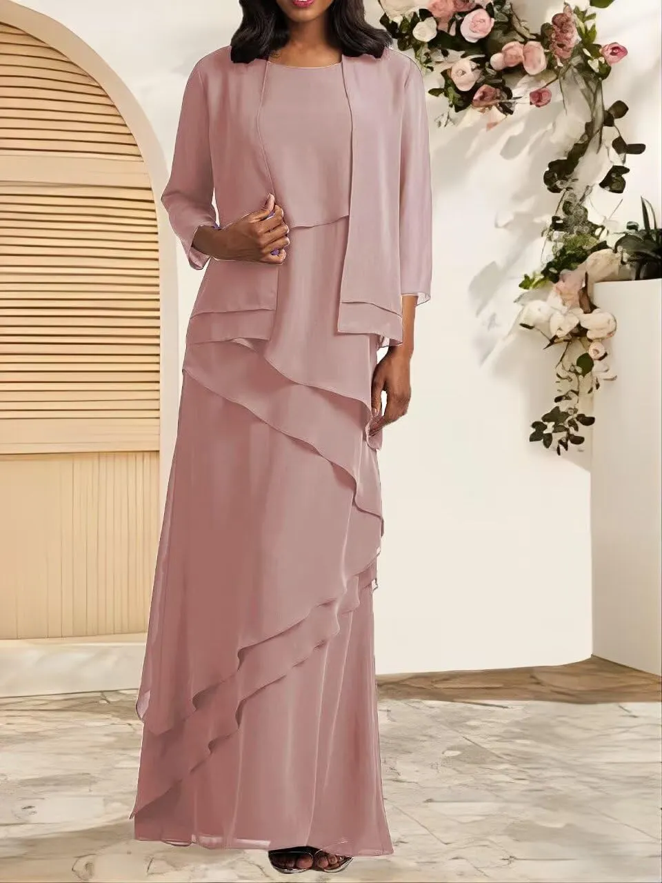 Mother of Bride Dresses with Jacket 2-Pieces Long Mother of The Groom Dress Ruffle Chiffon Formal Evening Gowns