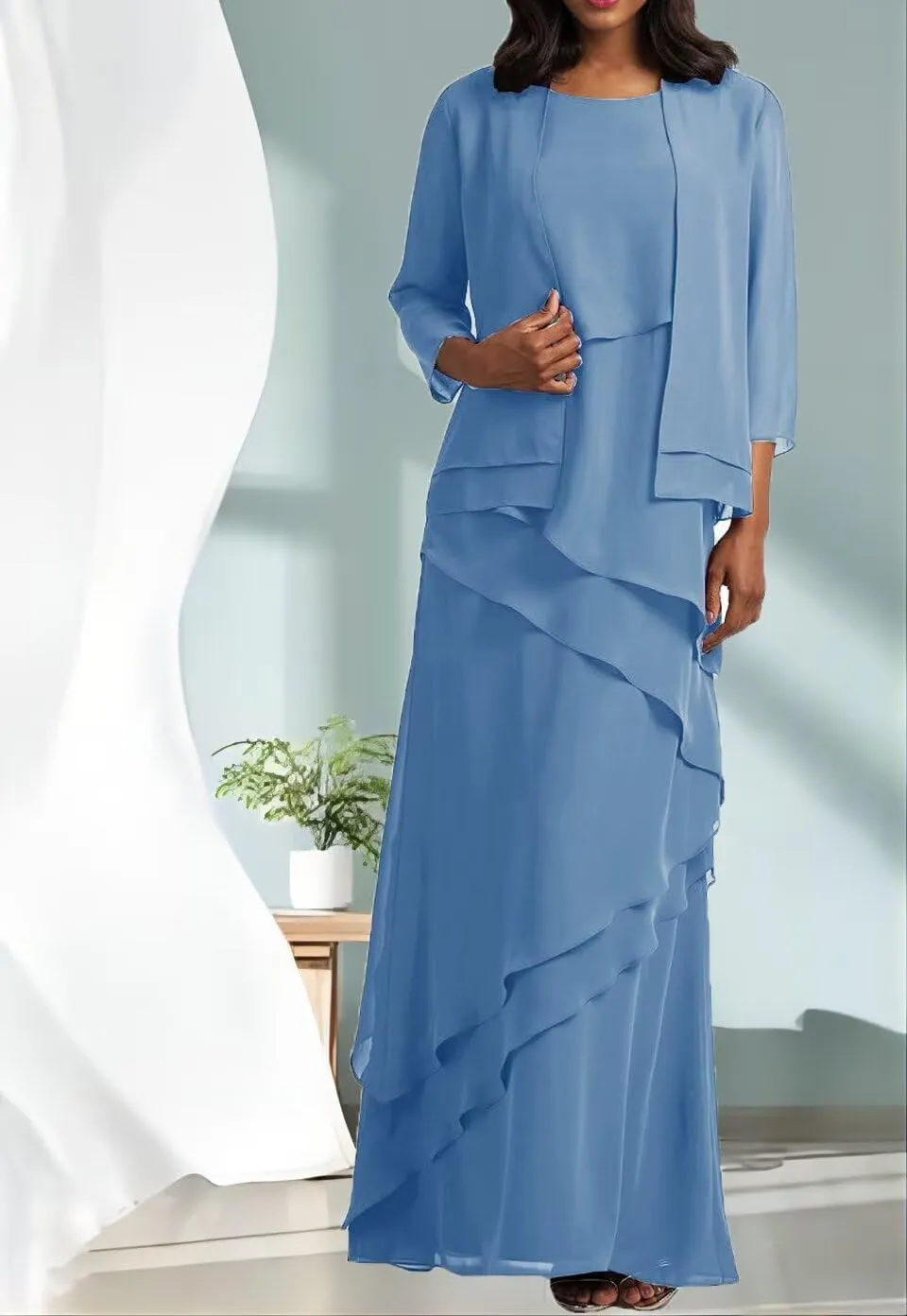 Mother of Bride Dresses with Jacket 2-Pieces Long Mother of The Groom Dress Ruffle Chiffon Formal Evening Gowns