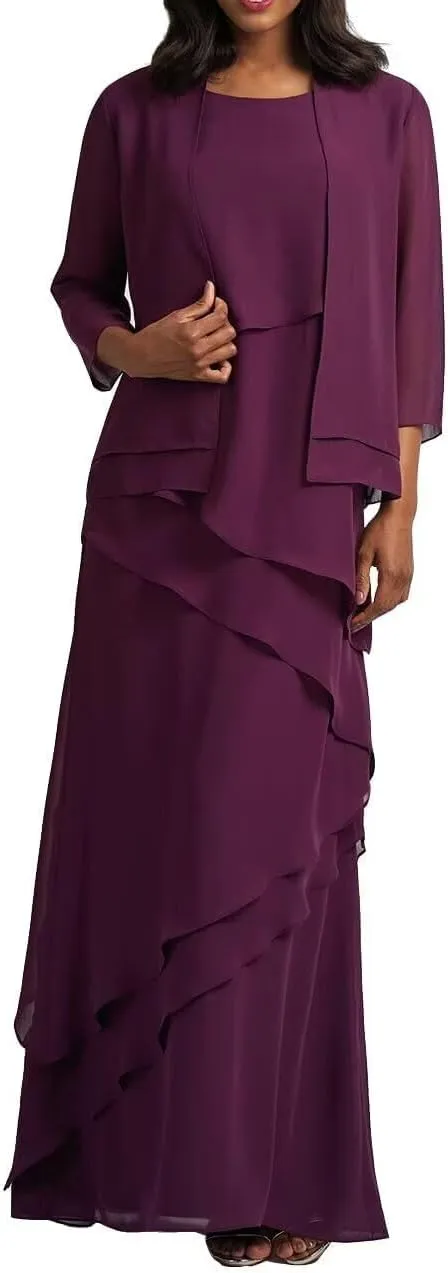 Mother of Bride Dresses with Jacket 2-Pieces Long Mother of The Groom Dress Ruffle Chiffon Formal Evening Gowns