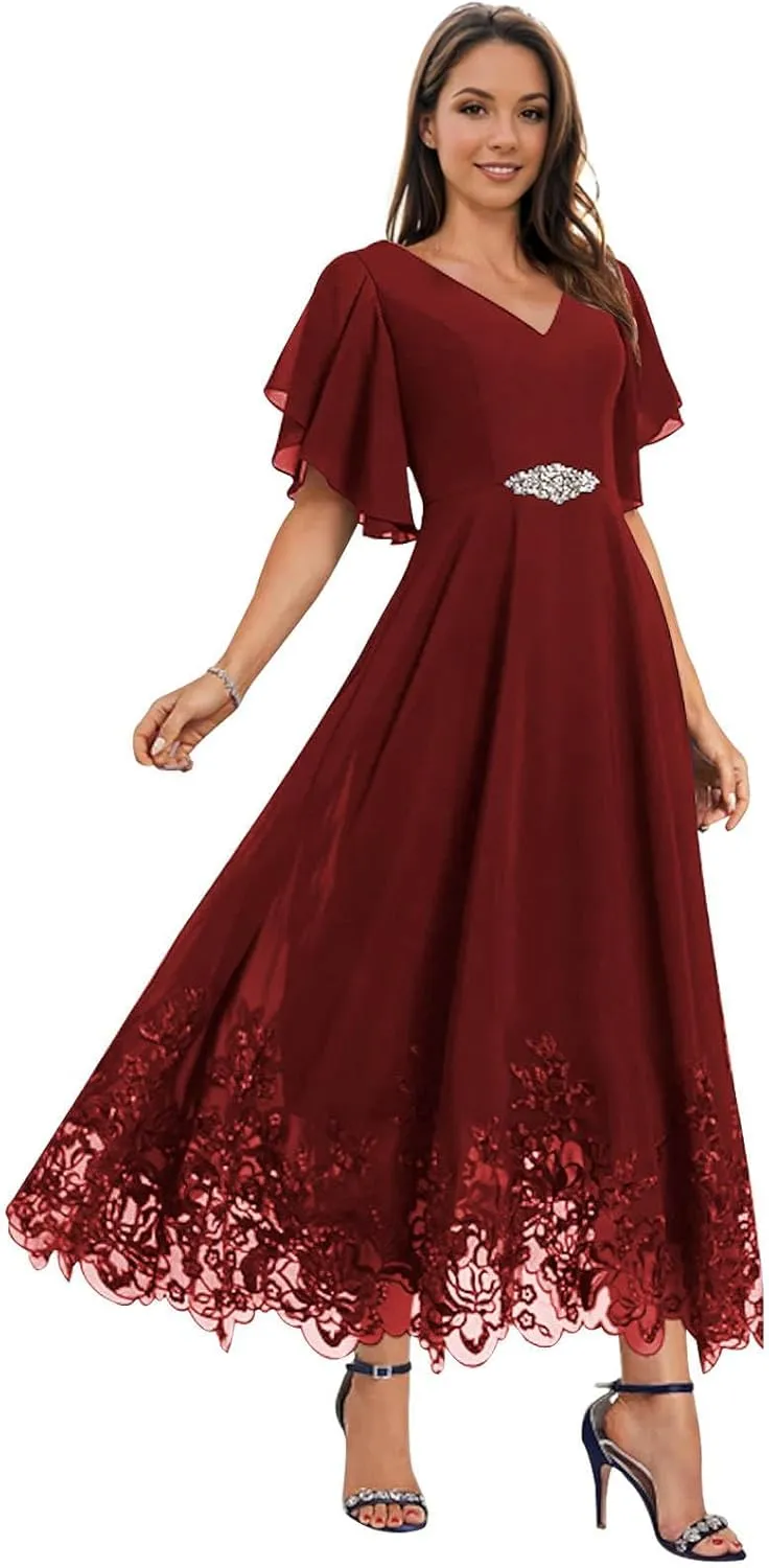 Mother of The Bride Dresses for Wedding for Women Tea Length Chiffon Lace Appliques Formal Evening Dresses