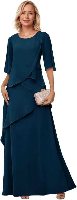 Mother of The Bride Dresses for Wedding Layered Chiffon Long Evening Dress Formal Gown with Sleeves