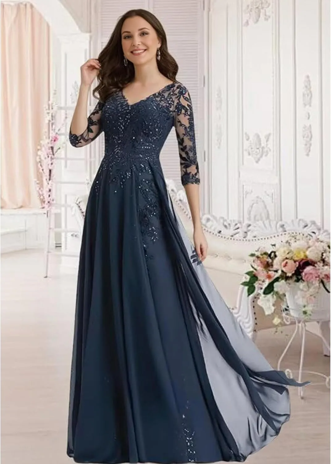 Mother of The Bride Dresses for Women Chiffon Wedding Guest Dress Plus Size 3/4 Sleeves Lace Sequin V-Neck Evening Gowns