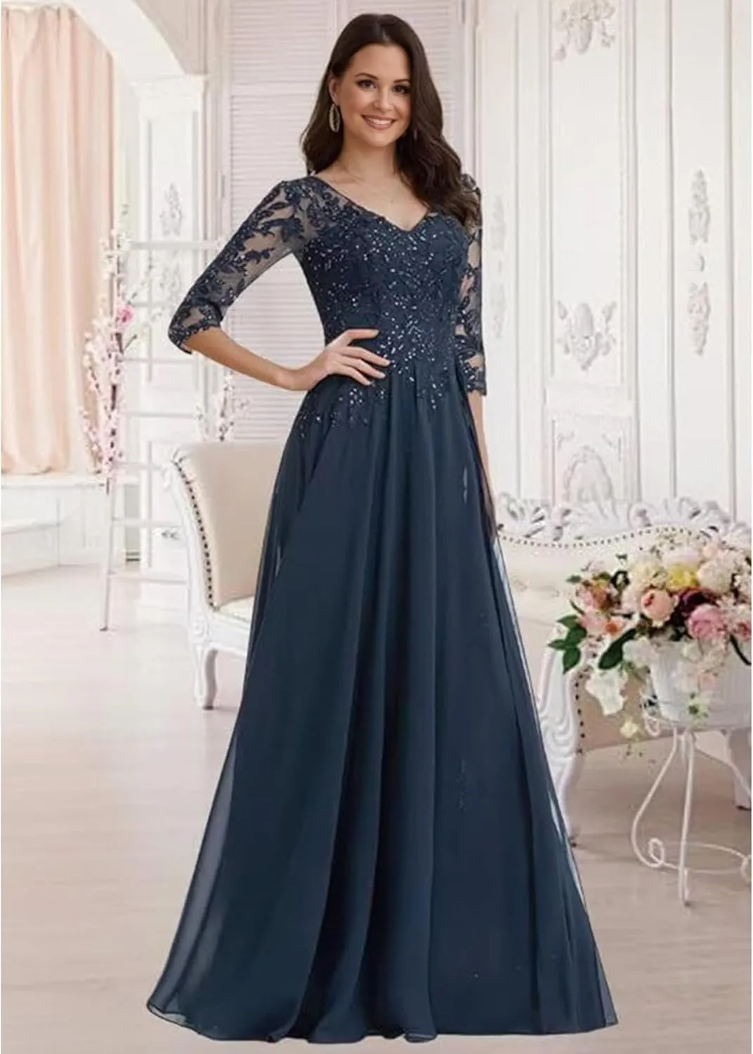 Mother of The Bride Dresses for Women Chiffon Wedding Guest Dress Plus Size 3/4 Sleeves Lace Sequin V-Neck Evening Gowns
