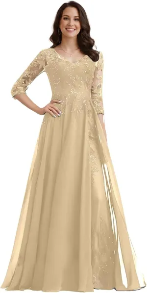 Mother of The Bride Dresses for Women Chiffon Wedding Guest Dress Plus Size 3/4 Sleeves Lace Sequin V-Neck Evening Gowns