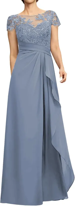 Mother of The Bride Dresses Lace Sequins Short Sleeve Wedding Guest Dresses for Women Ruffles Evening Gown
