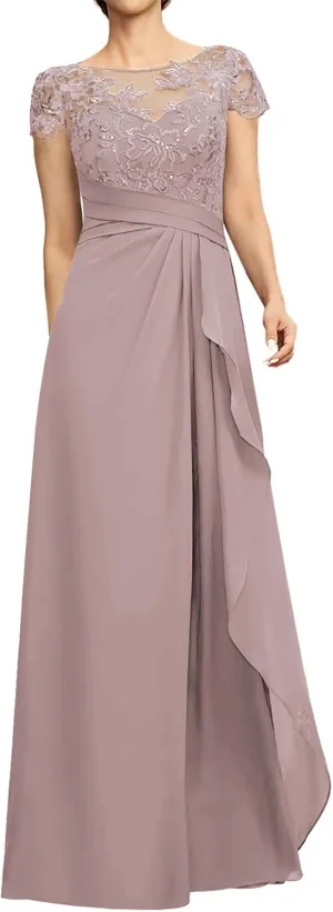 Mother of The Bride Dresses Lace Sequins Short Sleeve Wedding Guest Dresses for Women Ruffles Evening Gown
