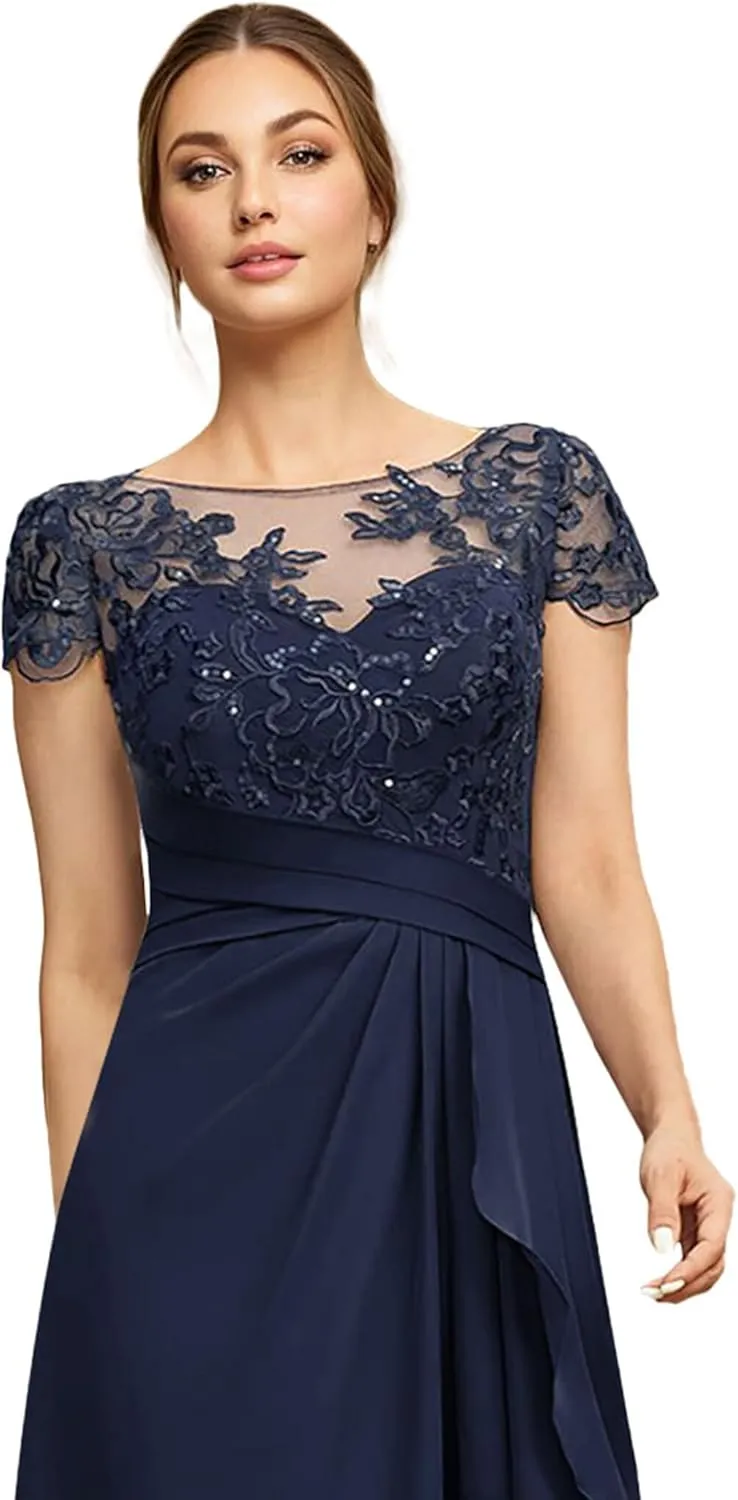 Mother of The Bride Dresses Lace Sequins Short Sleeve Wedding Guest Dresses for Women Ruffles Evening Gown