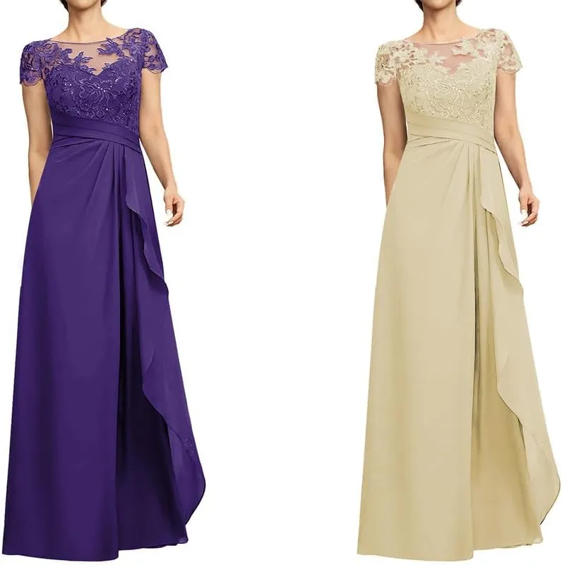 Mother of The Bride Dresses Lace Sequins Short Sleeve Wedding Guest Dresses for Women Ruffles Evening Gown
