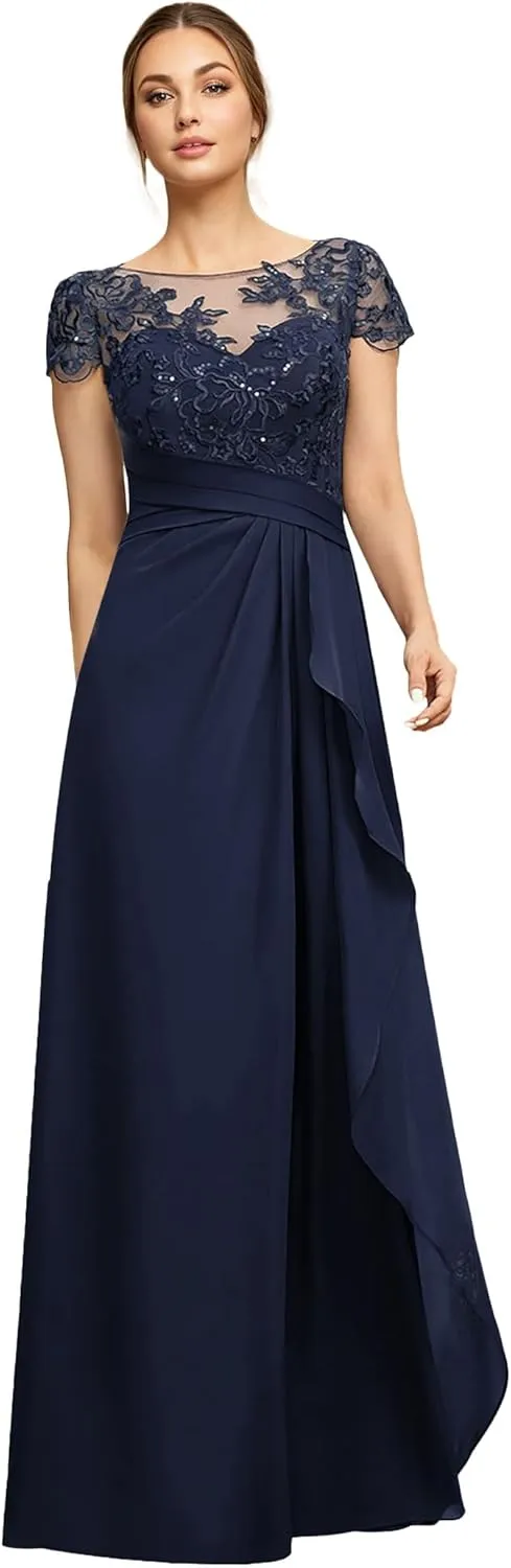 Mother of The Bride Dresses Lace Sequins Short Sleeve Wedding Guest Dresses for Women Ruffles Evening Gown