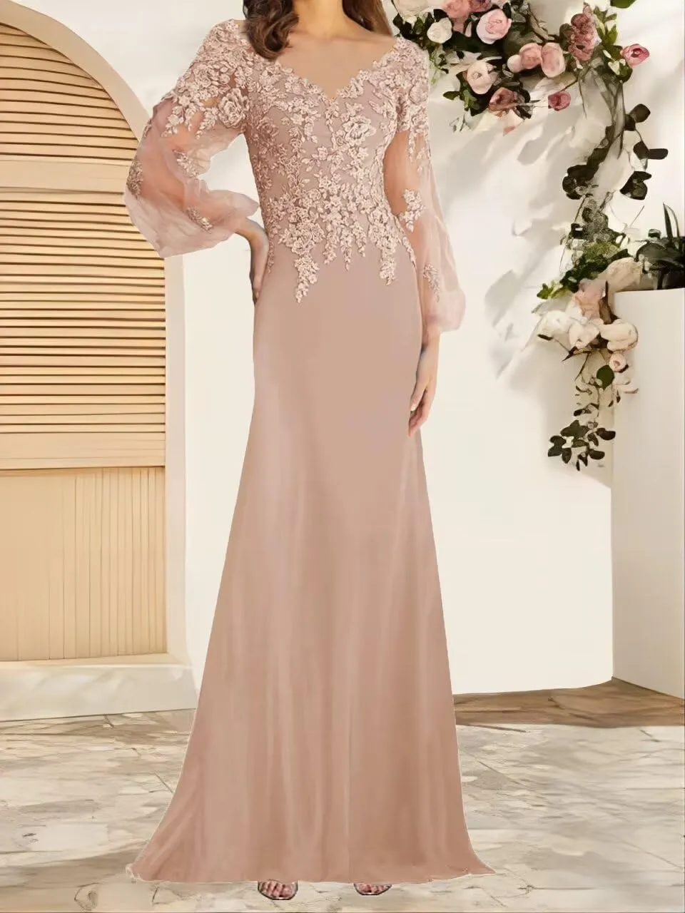 Mother of The Bride Dresses Long Sleeves Formal Evening Gowns Laces Appliques Wedding Party V-Neck Prom Dress