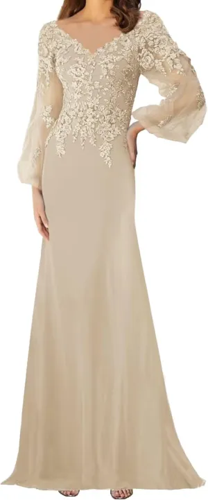 Mother of The Bride Dresses Long Sleeves Formal Evening Gowns Laces Appliques Wedding Party V-Neck Prom Dress