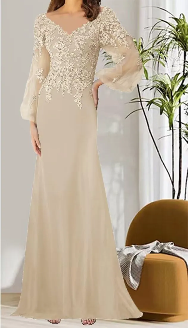 Mother of The Bride Dresses Long Sleeves Formal Evening Gowns Laces Appliques Wedding Party V-Neck Prom Dress