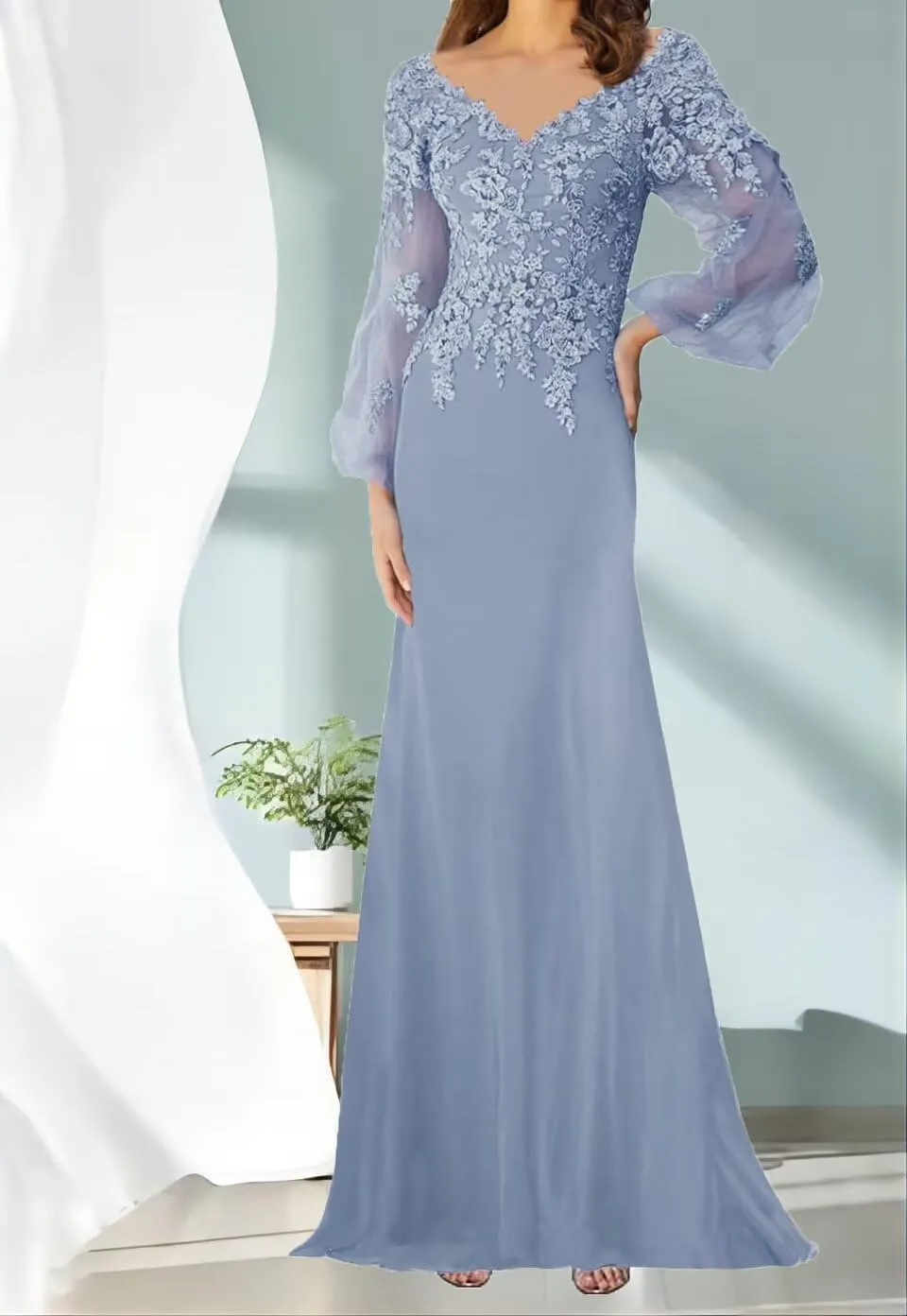 Mother of The Bride Dresses Long Sleeves Formal Evening Gowns Laces Appliques Wedding Party V-Neck Prom Dress