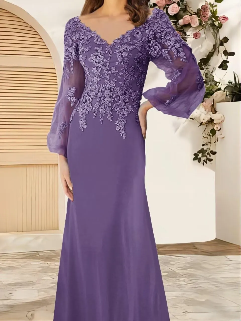 Mother of The Bride Dresses Long Sleeves Formal Evening Gowns Laces Appliques Wedding Party V-Neck Prom Dress