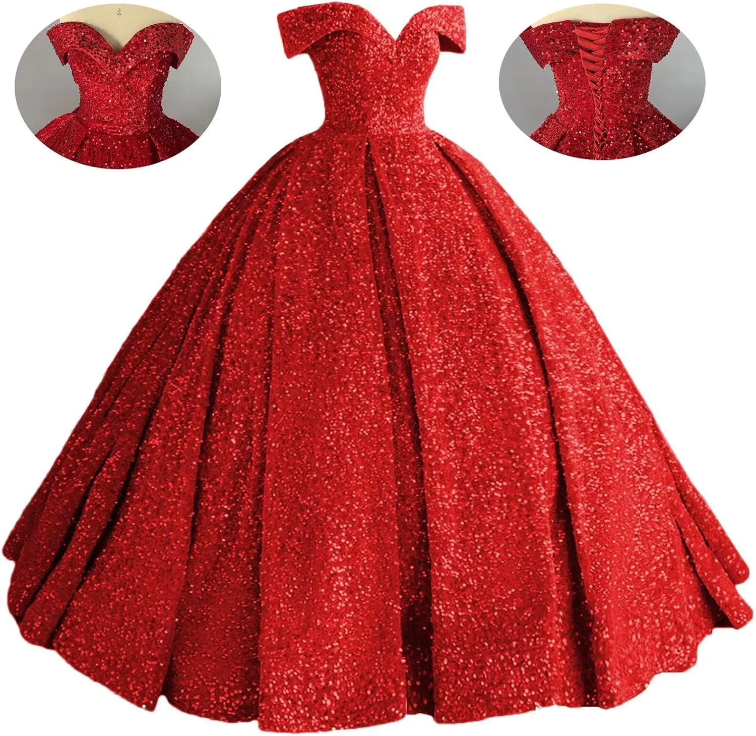 Mouccy Sparkly Sequin Prom Dresses Long Ball Gown Off Shoulder Quinceanera Dresses Puffy Glitter Evening Party Dresses